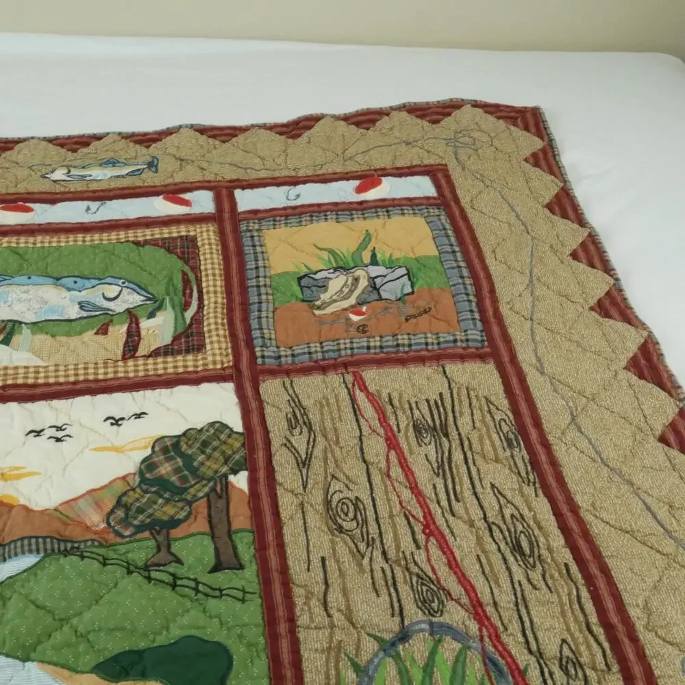 Vintage Applique‎ Fishing Quilt Man Cave Cabin Outdoor Novelty Patch Magic 58x49